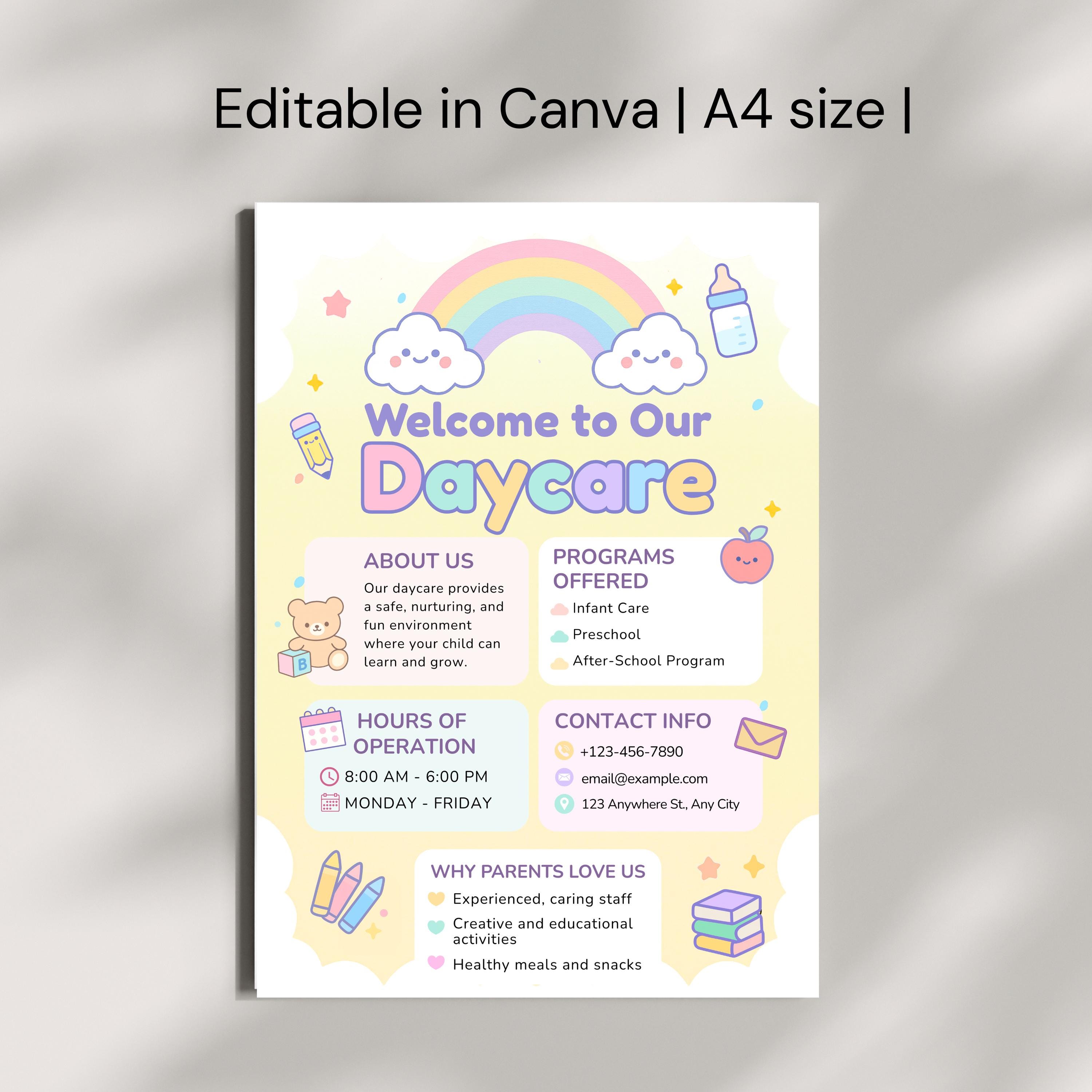 Daycare Flyer Template Editable Canva Childcare Preschool Marketing ...