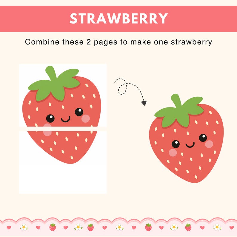 Puede incluir: Ilustraci&oacute;n l&uacute;dica para una actividad educativa con tem&aacute;tica de fresas. La imagen presenta una fresa dividida y una fresa completa sonriente. El texto dice "FRESA" y "Combina estas 2 p&aacute;ginas para hacer una fresa".