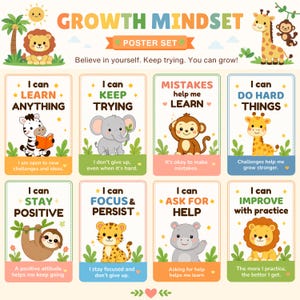 Könnte beinhalten: Ein farbenfrohes Posterset mit den Worten "Growth Mindset" und "Poster Set". Das Set enthält Illustrationen von Tieren wie einem Löwen, einer Giraffe, einem Zebra und einem Elefanten, jeweils gepaart mit positiven Affirmationen.