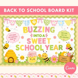 Könnte beinhalten: Ein farbenfrohes Back-to-School-Board-Kit mit dem Text "Back to School Board Kit". Das Design umfasst Bienen, Blumen, einen Bienenstock und den Satz "Buzzing into a Sweet School Year". Das Kit hat ein rosa und grünes Farbschema.