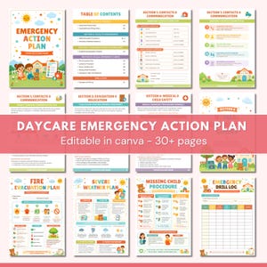 Könnte beinhalten: Eine Vorlage für einen Notfallplan für Kindertagesstätten mit Abschnitten zu Kontakten, Evakuierung und medizinischen Verfahren. Das Design zeigt Illustrationen von Kindern, Häusern und Wetterelementen. Der Text "Emergency Action Plan" ist deutlich sichtbar.