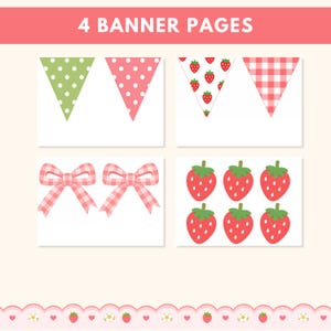 Puede incluir: Una colecci&oacute;n de p&aacute;ginas de banner con varios dise&ntilde;os. Incluye lunares verdes, lunares rosas, fresas y patrones de cuadros. Tambi&eacute;n presenta lazos de cuadros rosas y fresas rojas. El texto "4 BANNER PAGES" est&aacute; en la parte superior.