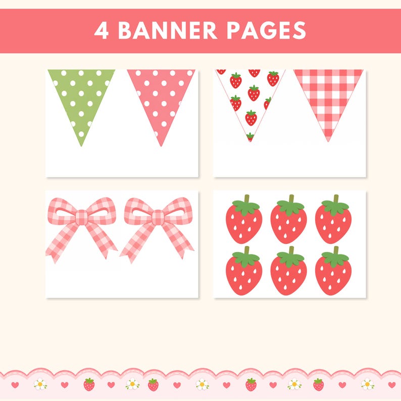 Puede incluir: Una colecci&oacute;n de p&aacute;ginas de banner con varios dise&ntilde;os. Incluye lunares verdes, lunares rosas, fresas y patrones de cuadros. Tambi&eacute;n presenta lazos de cuadros rosas y fresas rojas. El texto "4 BANNER PAGES" est&aacute; en la parte superior.