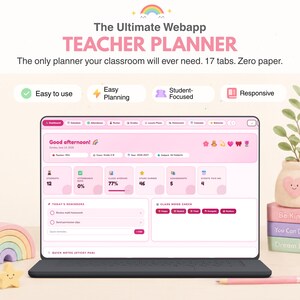 Könnte beinhalten: Eine digitale Lehrerplaner-Webanwendung auf einem Laptop-Bildschirm mit rosa Benutzeroberfläche. Das Dashboard zeigt Reiter für Stundenplan, Anwesenheit und Noten sowie Bereiche für Erinnerungen, Klassenstimmung und Schülerstatistiken.