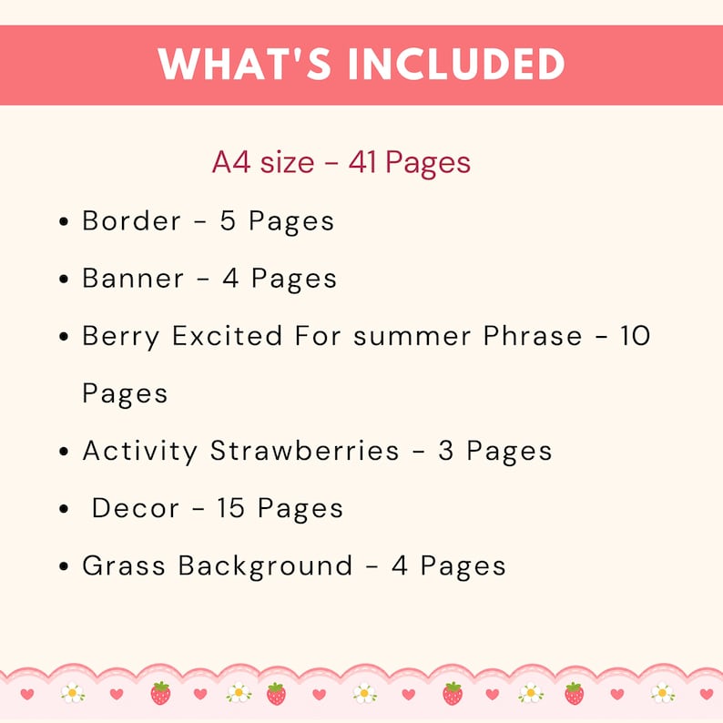 Puede incluir: Gr&aacute;fico rosa con el texto "WHAT'S INCLUDED" y una lista de elementos, incluyendo bordes, banners y actividades tem&aacute;ticas de fresas. El texto indica un tama&ntilde;o A4 con un total de 41 p&aacute;ginas.