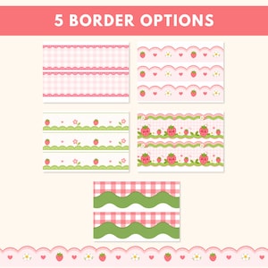 Puede incluir: Una ilustraci&oacute;n que muestra cinco opciones de borde con un tema de fresas. Los bordes presentan varios dise&ntilde;os, incluyendo cuadros vichy, bordes festoneados, fresas, flores y patrones ondulados. El texto "5 BORDER OPTIONS" se muestra en la parte superior.