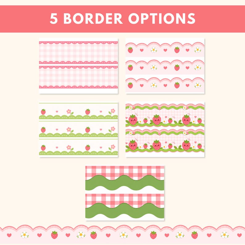 Puede incluir: Una ilustraci&oacute;n que muestra cinco opciones de borde con un tema de fresas. Los bordes presentan varios dise&ntilde;os, incluyendo cuadros vichy, bordes festoneados, fresas, flores y patrones ondulados. El texto "5 BORDER OPTIONS" se muestra en la parte superior.