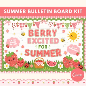 May include: A colorful summer bulletin board kit with a strawberry theme. The design includes the text "Berry Excited for Summer", strawberries, a smiling sun, bees, and decorative banners. The kit is perfect for summer-themed decorations.
