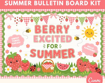 Summer Bulletin Board Kit Strawberry Theme Printable May June Classroom Decor Summer Bulletin Board Display Teacher Resource