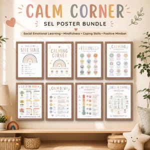 May include: A set of eight educational posters titled Calm Corner SEL Poster Bundle, featuring pastel-colored illustrations and text about social emotional learning, mindfulness, coping skills, and positive mindset, displayed in wooden frames.