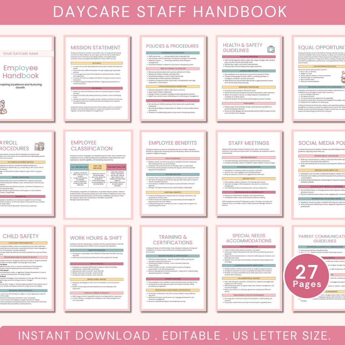 Provider Staff Files Daycare Employee Handbook Template Editable Canva Preschool Staff ...