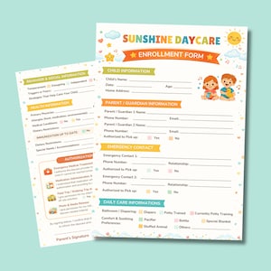 Puede incluir: Dos formularios de inscripción coloridos para guardería. Los formularios incluyen secciones para información del niño, información de padres/tutores, contactos de emergencia y detalles de cuidado diario. Titulado "Formulario de inscripción de Sunshine Daycare".