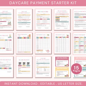 Op de afbeelding: Een roze en witte "Daycare Payment Starter Kit" met 15 pagina's afdrukbare formulieren. Bevat contracten, betalingslogboeken en kennisgevingen. De tekst "Direct downloaden, bewerkbaar, US Letter formaat" staat onderaan.