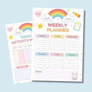 May include: Two colorful weekly planner sheets with a rainbow, clouds, and stars design. One sheet says "WEEKLY PLANNER" and the other says "WEEKLY ACTIVITY P". The planner includes spaces for each day of the week and notes.