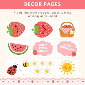 Puede incluir: Ilustraciones de estilo caricatura con fresas, una rodaja de sand&iacute;a, una cesta de picnic, una mariquita, una abeja, margaritas y un sol sonriente. El texto incluye "DECOR PAGES", "SWEET TIMES AHEAD!" y "HELLO SUNSHINE!"