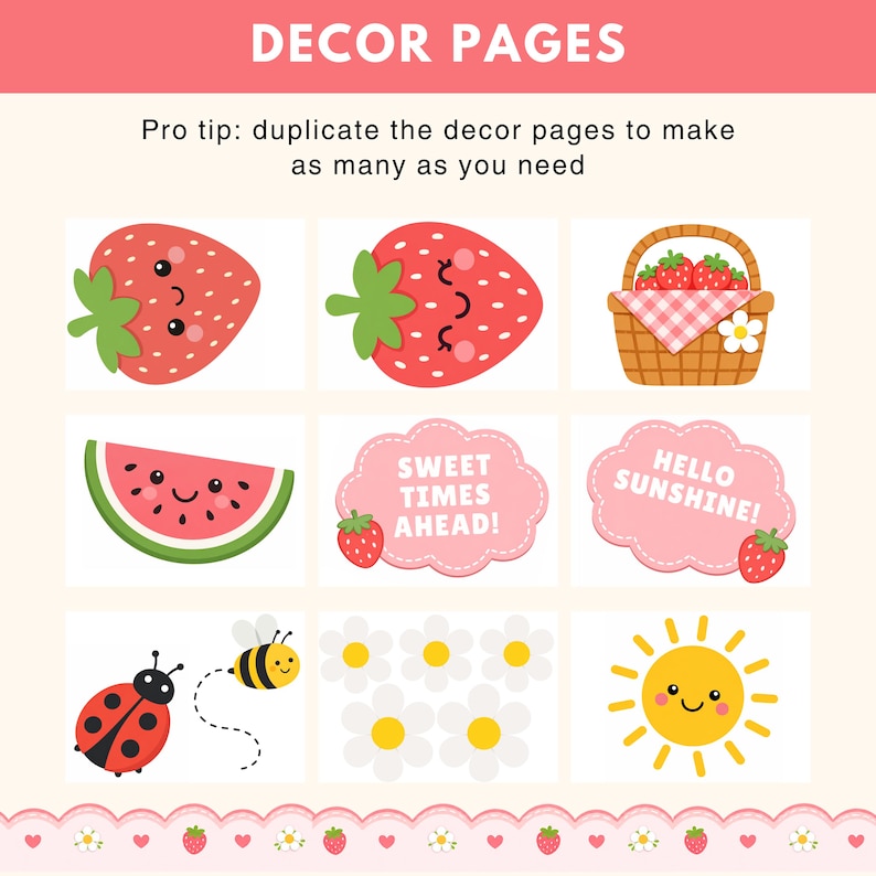 Puede incluir: Ilustraciones de estilo caricatura con fresas, una rodaja de sand&iacute;a, una cesta de picnic, una mariquita, una abeja, margaritas y un sol sonriente. El texto incluye "DECOR PAGES", "SWEET TIMES AHEAD!" y "HELLO SUNSHINE!"