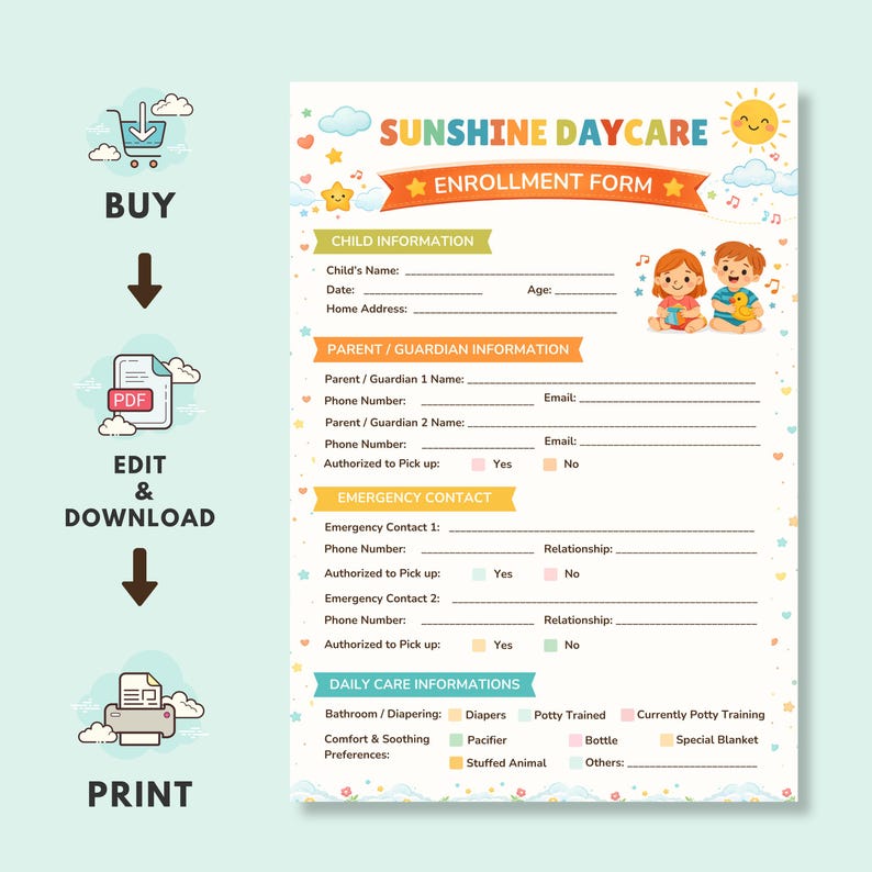 Daycare Enrollment Form Template Editable Canva Childcare Registration ...