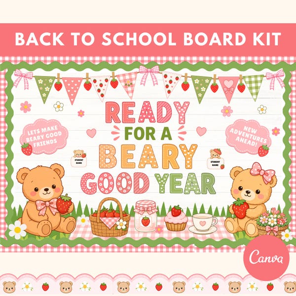 Back to School Bulletin Board Kit Bear Theme Classroom Decor Printable August September Welcome Back Display Strawberry Decor