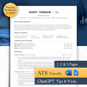 May include: A resume template for registered nurses with a yellow and blue color scheme. The template includes sections for professional summary, areas of expertise, licenses and certifications, and experience. The template also includes a section for tips and tricks on using ChatGPT to create a resume. The text "ATS Friendly" is displayed in a yellow box with a white border. The text "1, 2 & 3 Pages" is displayed in a yellow box with a white border. The text "ChatGPT Tips & Tricks" is displayed in a yellow box with a white border.