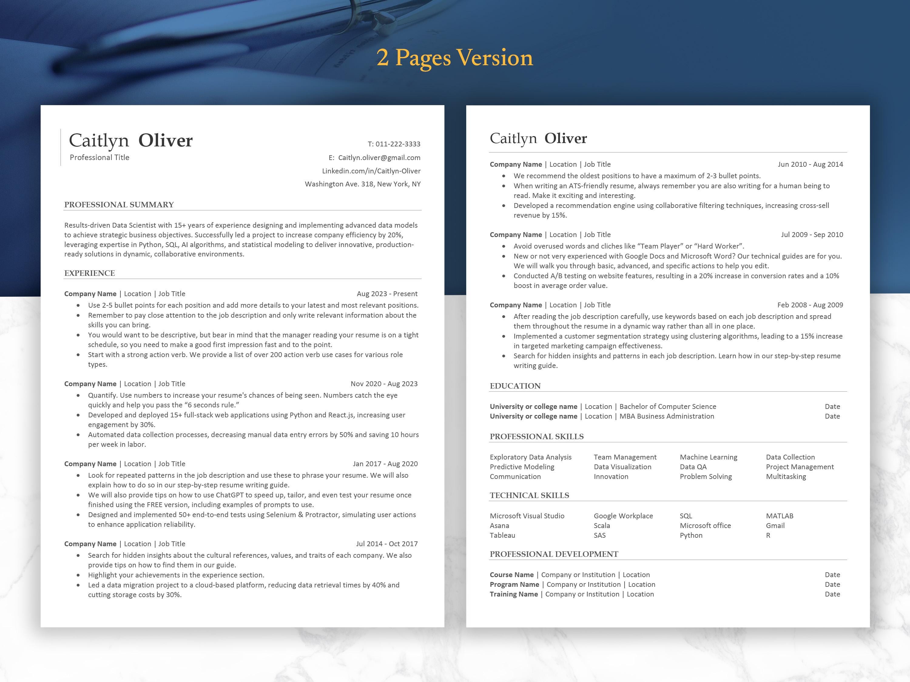 Executive ATS Friendly Resume Template for Word & Google Docs, | Cover ...