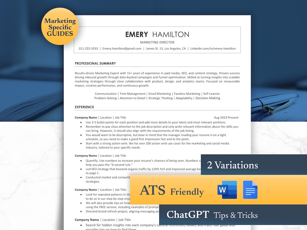 Marketing ATS Friendly Resume Template. Editable in Word, Google Docs ...