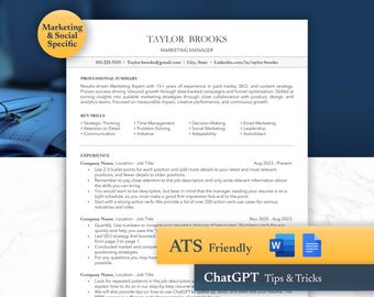 May include: A resume template with the name Taylor Brooks, Marketing Manager, and contact information. The resume includes a professional summary, key skills, and experience sections. The image also includes the text "Marketing & Social Specific" and "ATS Friendly".
