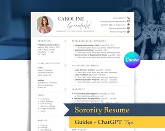 Editable Sorority Resume Template, Canva Design with Photo, Stylish Sorority Recruitment Cover Letter, Cute Greek Life Rush Pack