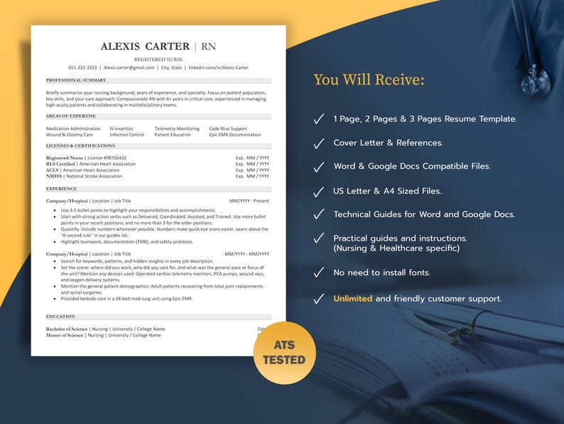 Nurse ATS friendly resume for Word & Google Docs, travel nurse cv, DNP resume template, remote nurse resume templates | professional resume design RN ats resume, CNA resume CV clean ATS optimized resume template