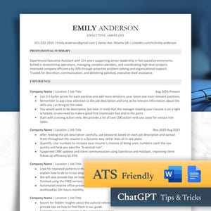 Könnte beinhalten: Eine Lebenslaufvorlage für eine/n Executive Assistant mit dem Namen Emily Anderson und Kontaktinformationen. Das Dokument enthält eine professionelle Zusammenfassung, Berufserfahrung und Tipps zum Verfassen von Lebensläufen. Das Bild enthält auch den Text "ATS Friendly", "ChatGPT Tips & Tricks" und Symbole für Word und ein Dokument.