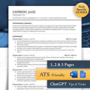 Op de afbeelding: Een cv-sjabloon met de naam Cameron Jules en de titel Professional Title. Het cv bevat een professionele samenvatting, ervaring en tips. De afbeelding bevat ook de tekst "Tech Specific GUIDES", "1, 2 & 3 Pages", "ATS Friendly" en "ChatGPT Tips & Tricks".