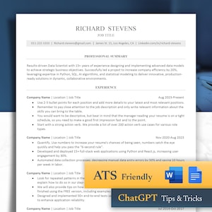 Op de afbeelding: Een cv-sjabloon met de tekst "ATS Friendly" en "ChatGPT Tips & Tricks" in een gele box. Het cv is voor een data scientist met meer dan 15 jaar ervaring. Het cv bevat een professionele samenvatting, ervaring en vaardigheden.