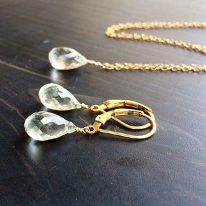 Natural Pale Green Amethyst Necklace Earrings Jewelry Set, February Birthday, Gemstone Drops, 14k Gold Fill Dainty Chain, Bridesmaids Gifts