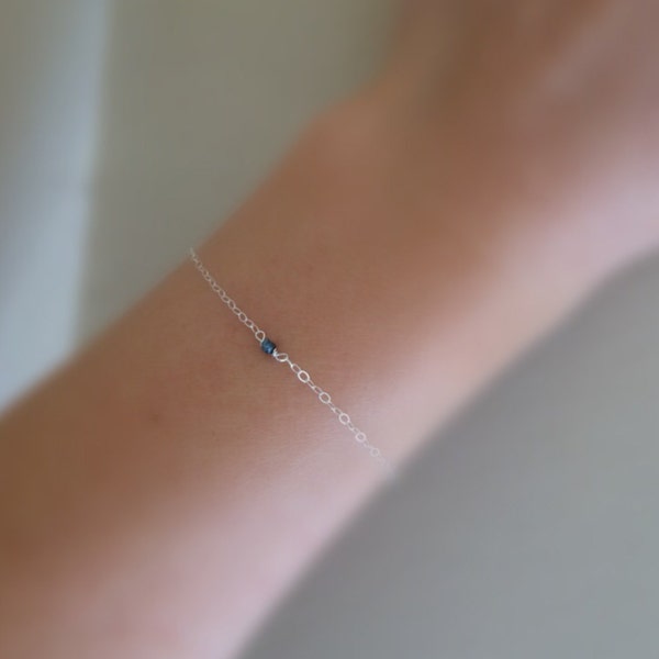 Tiny Blue Diamond Bracelet. 14k gold fill. Raw diamond chain. Freeform. April birthstone. Delicate Jewelry. Gift for her