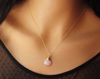 Rose Quartz pendant Necklace.  Pale pink teardrop.  14k Gold fill chain necklace. Layered necklace. Modern feminine jewelry