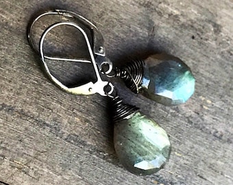 Rainbow Labradorite Earrings.  Tarnished sterling silver leverbacks dangles.  Oxidized Drops. Genuine gemstone. Rustic jewelry