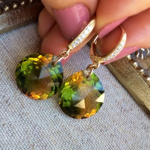 Ametrine Gold Pave Earrings, Green Yellow Dangles, Elegant Jewelry, Gift For Wife, Mother, Friend, Anniversary, Birthday, Weddings, Evening.