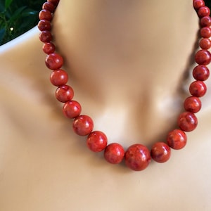 Coral Necklace with Graduated Round Genuine Red Brownish Beads, 24k Gold Plated Clasp, Adjustable Length, Sustainable Bamboo Coral.