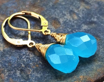 Neon Blue Quartz Earrings. Gemstone jewelry. Gold. Leverbacks. Petite earrings
