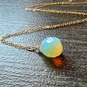 Glowing necklace, Opaline Moonstone Pendant, opalite drop, 14k Gold chain, white gemstone, dainty jewelry, October birthstone, minimalist.