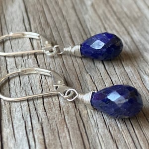 Sapphire Earrings, Sterling Silver Dangles, Small Drops, Dark Blue Stone, September Birthday,  Gift For Bride, Birthday, Prom