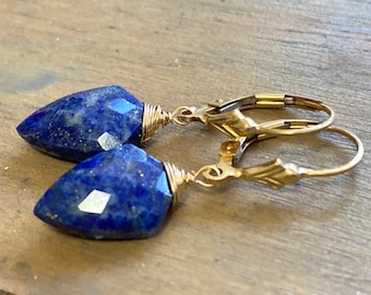 Blue Lapis Lazuli 14k gold fill earrings, gemstone dangles, petite jewelry, one of a kind.