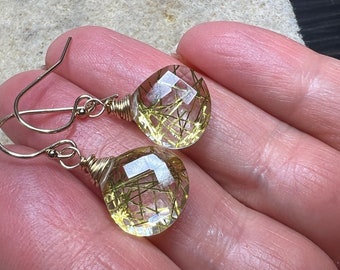 Golden Rutilated Quartz Earrings, petite rutile Quartz dangles, 14k Gold yellow drops, minimalist jewelry.