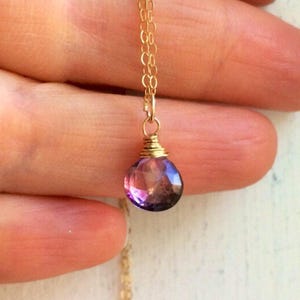 Mystic Purple Quartz Pendant Necklace: 14K Gold Fill Teardrop Solitaire