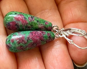 Ruby Zoisite drops,  red green gemstone earrings in sterling silver, unique jewelry