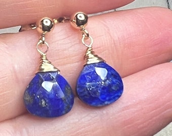 14k gold fill Blue Lapis Lazuli posts earrings, dangles, Gemstone jewelry. Sterling silver, rose gold, tarnished drops.