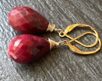 Natural Red Ruby Gold Earrings, dangles, drops, Indian burgundy opaque gemstone, July birthstone.