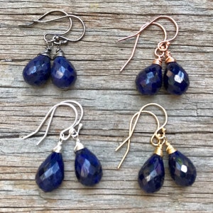 Natural Dark Blue Sapphire Stone Dangle Earrings, September Birthday, Sterling Silver, 14k Rose, Gold Fill, Gemstone Jewelry, Small Drops.