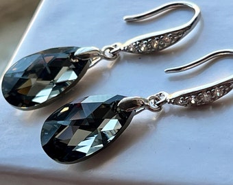 Sale Black Diamond Swarovski Earrings, crystal dangles, gray sparkle drops, sterling silver Pave hooks. Weddings jewelry. Elegant gift