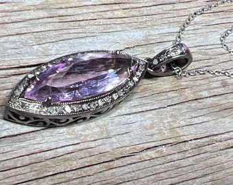 Big Pink Amethyst Diamond pendant, patina Pave necklace Sterling silver, February birthday gift for her. Lavender jewelry. Marquise stone.
