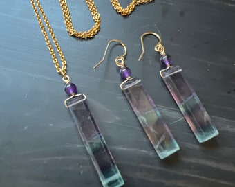 Necklace, earrings Fluorite Green Blue Purple Natural Gemstone, Amethyst.  Gold jewelry set. One of a kind gift.